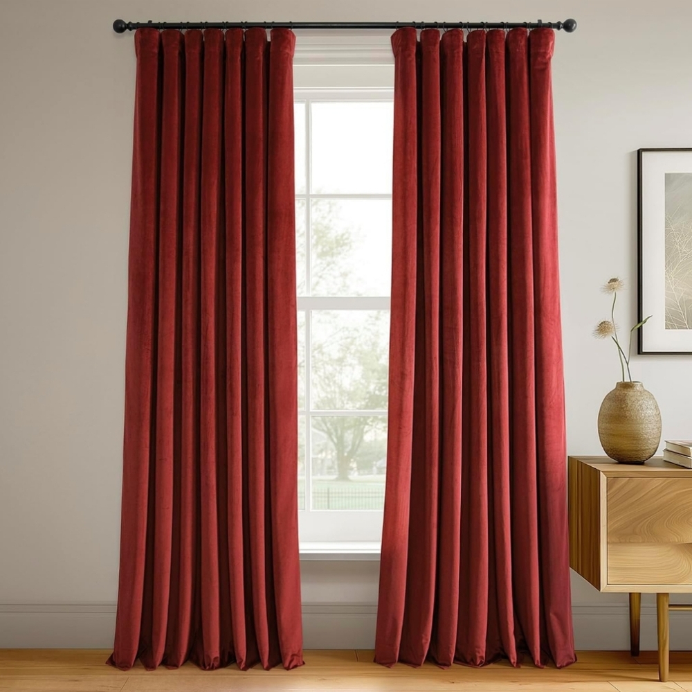 SOLD - Luxurious Crimson Rust Velvet Drapes - Set Of 2 Panels